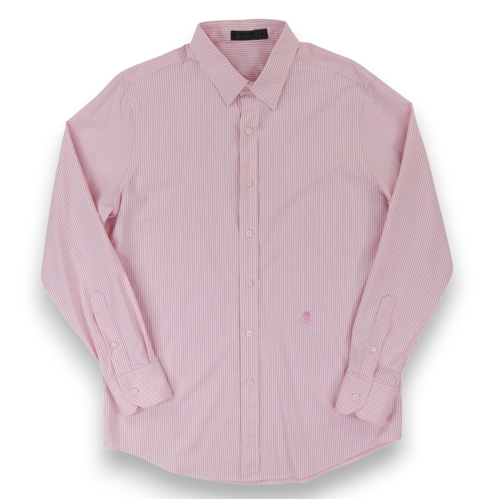 G/FORE Shirt Mens Medium Pink Stripe Skull Logo Golf Long Sleeve Stretch